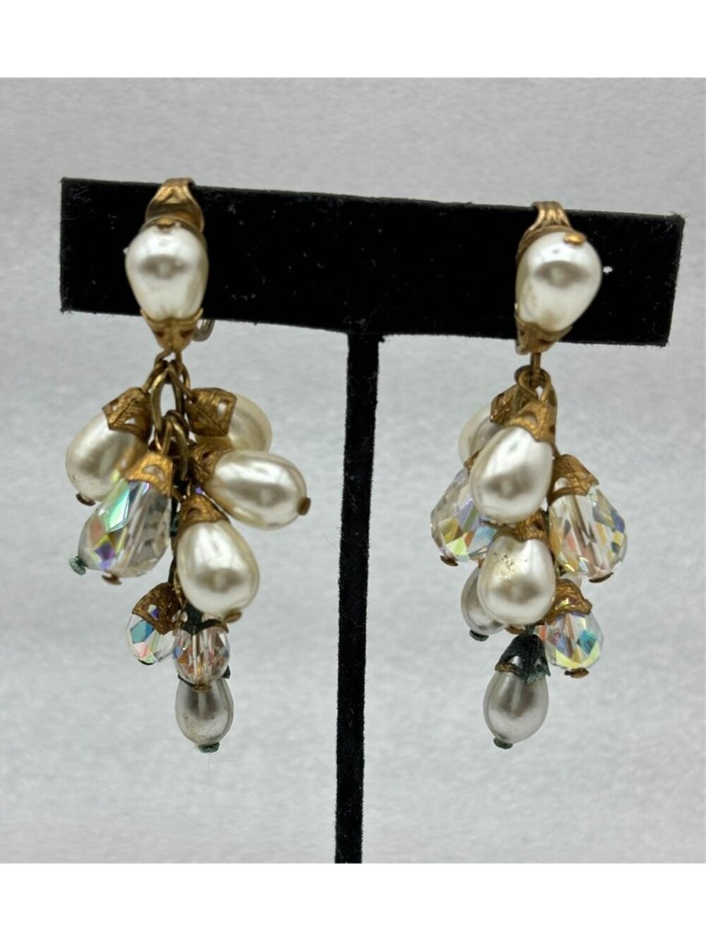 1950s Gold Tone Filigree Linear Dangle Pearl AB Crystal Clip Earrings
